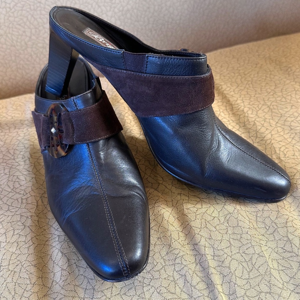 Brighton Rococo Brown Leather and Suede Mules With Tortoise Shell Trim